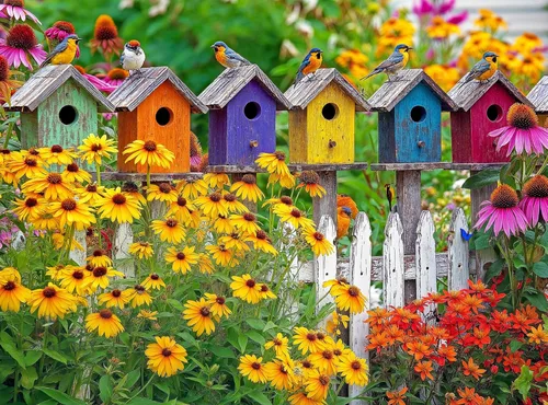 Cross & Glory Una valla llena de canción - Rompecabezas de 1000 piezas para adultos | Coloridas casas de pájaros, flores de jardín y mariposas | The