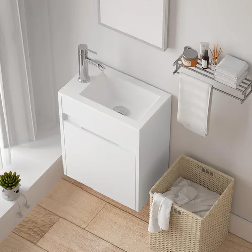 Miniatura 3 de Tocador de baño blanco con fregadero de cerámica combinado, tocador de baño de montaje en pared, 16 pulgadas de largo x 9.8 pulgadas de ancho x 20.3