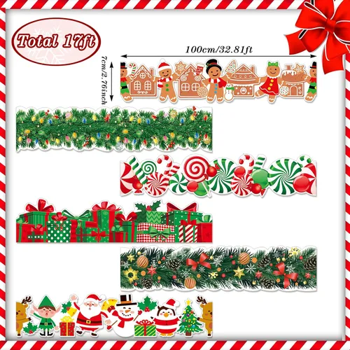 Miniatura 2 de Seajan 6 piezas de 197 pies de Navidad para tablón de anuncios de decoración de bordes, decoración de alce, Papá Noel, muñeco de nieve, pan