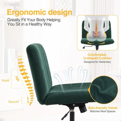 Miniatura 4 de Silla de escritorio sin reposabrazos, sin ruedas, silla de oficina tapizada de terciopelo ancho, patas cruzadas, asiento grande, altura ajustable