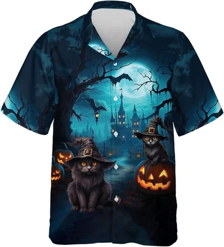 Miniatura 15 de Camisa hawaiana de gato negro para hombre, camisa de noche de Halloween, camisa de manga corta con botones (MP_HW_66)