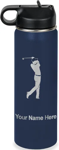 Miniatura 51 de LaserGram Botella de agua personalizada, golfista de golf, acero inoxidable de doble pared aislada al vacío con popote superior, regalo grabado Negro