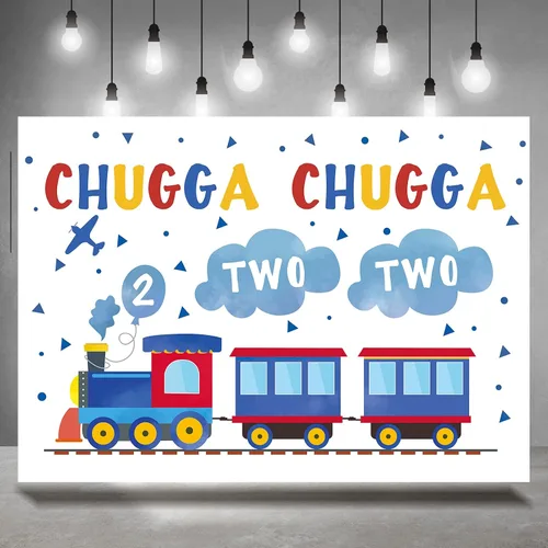 Telón de fondo de feliz segundo cumpleaños de 7 x 5 pies, tren azul y rojo para niño, Chugga Chugga, dos dos nubes, plano de fotografía, fondo,