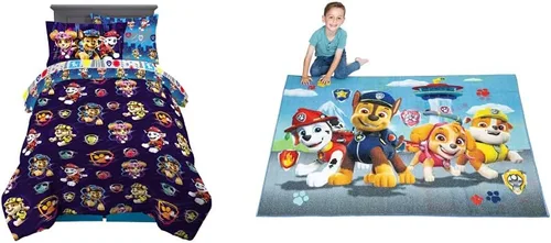 Franco Juego de edredón y sábanas súper suaves con funda para niños, 5 piezas, tamaño individual, película de Paw Patrol y alfombra antideslizante