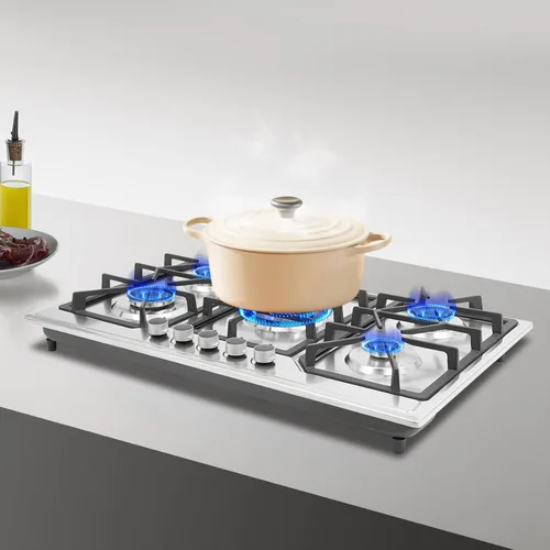 Miniatura 4 de Estufa de gas de 34 pulgadas, estufa de vidrio templado de 5 quemadores, estufa de gas GLP/NG con regulador e encendido electrónico