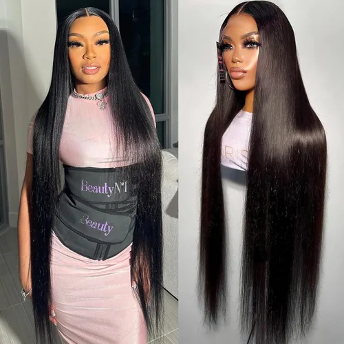 Miniatura 15 de Pelucas de cabello humano lacio con encaje frontal de hueso de 13 x 4 para mujeres negras, densidad del 200 %, peluca frontal de encaje transparente
