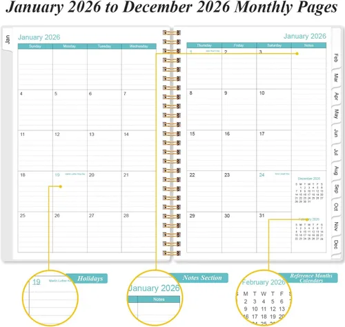 Miniatura 4 de Agenda 2026 - Planificador diario y por hora 2026 desde enero 2026 hasta diciembre 2026, 12 pestañas mensuales, bolsillo interior, 16.3 x 21.6 cm