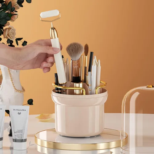 Miniatura 7 de THE LIMIT Caja organizadora de maquillaje giratoria de 360 grados, resistente al polvo, impermeable, 6 compartimentos, soporte para brochas