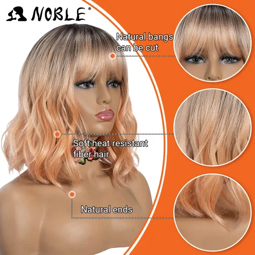 Miniatura 2 de NOBLE Peluca Rosa Naranja para Mujeres Peluca Durazno con Flequillo Pelucas Bob Rizadas Ombré con Flequillo de Aire Pelucas Sintéticas Cortas