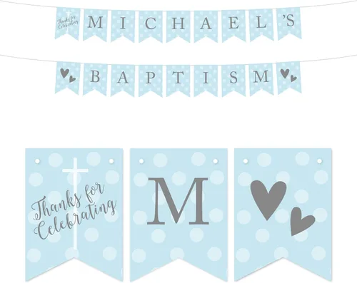 Andaz Press Colección de bautismo de niño azul y gris, banderín colgante personalizado con cuerda, agradecimiento por celebrar el bautismo de Banner
