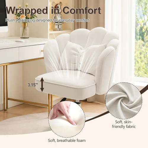 Miniatura 5 de Silla de tocador con ruedas Silla de escritorio de pétalos de terciopelo Silla de oficina en casa copetada tapizada para mujeres y niñas, Silla