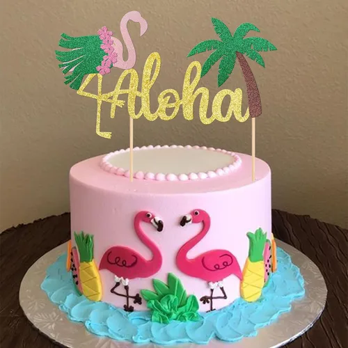 Miniatura 5 de 1 decoración para tarta de Aloha con purpurina para baby shower, paleta, palmera, flamenco, decoración para verano, hawaiano, Luau, tropical, Aloha