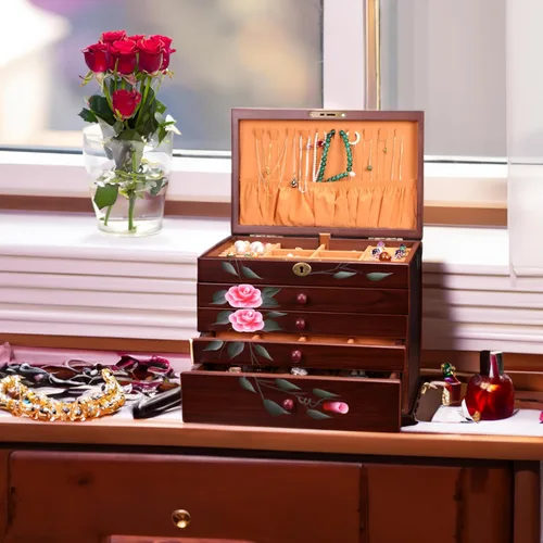 Miniatura 6 de Xloverise Joyero de madera para Wowen, organizador de 5 capas de pintura a mano con colgador de collar, organizador de cajas de joyería grandes