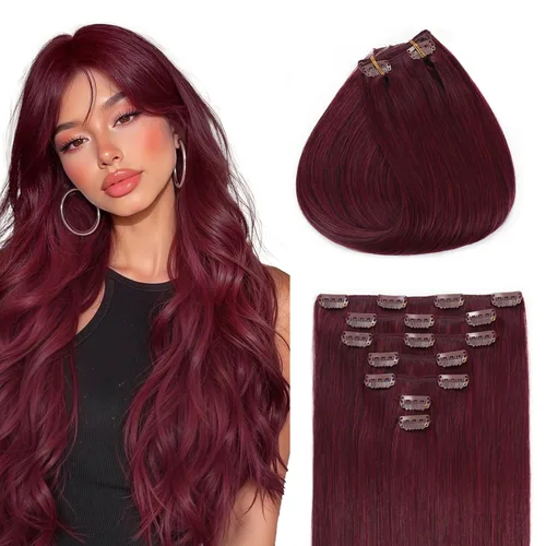 Miniatura 7 de Sunya Extensiones de cabello humano real con clip, color negro azabache, doble trama, lacio, 12 pulgadas, #1, 8 unidades, 3.53 oz