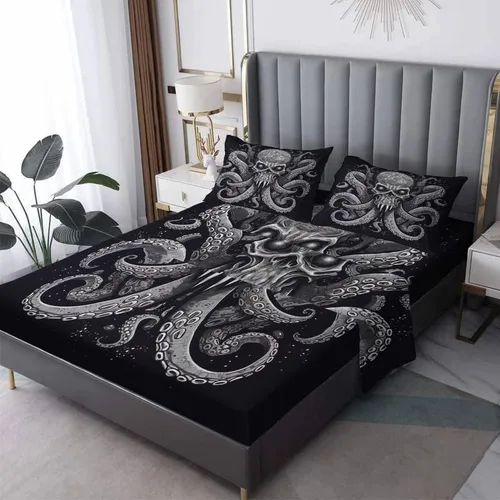 Miniatura 9 de Octopus Sheets - Juego de sábanas de tamaño individual, sábanas de microfibra suave, bolsillo profundo, sábanas y fundas de almohada estampadas sin