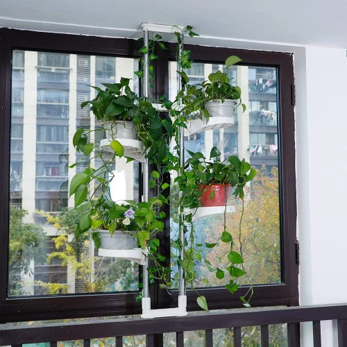 Miniatura 4 de BAOYOUNI Soporte para plantas de interior con ventana, estante de almacenamiento de metal con doble poste, soporte para macetas, estante