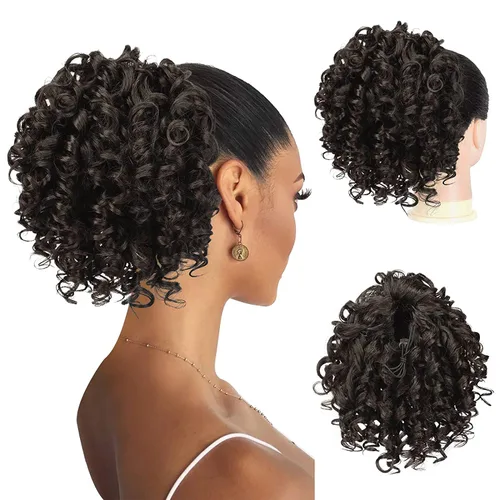 Miniatura 12 de PEACOCO Extensión de cola de caballo rizada con cordón para mujeres negras - Cola de caballo de 6 pulgadas con clip, postizo sintético de afro corto