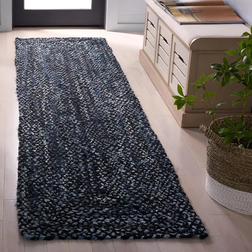 SAFAVIEH Braided Collection - Alfombra de pasillo, 2 pies 3 pulgadas x 8 pies, color negro y azul, hecho a mano, reversible, ideal para dormitorio,
