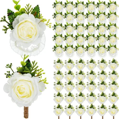 Sherr Juego de 60 piezas de ramillete de rosas y boutonniere, rosa marfil, pulsera de flores para novia, dama de honor, ramillete para novio,