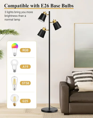 Miniatura 5 de QiMH Lámparas de pie de árbol para sala de estar, lámpara de pie moderna de 67 pulgadas con 3 bombillas LED, lámpara alta industrial de lectura