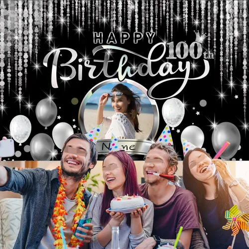 Miniatura 6 de Cartel de decoración de feliz cumpleaños número 100 personalizado - Personalización disponible - Negro y plateado - Tamaño grande - Admite fotos