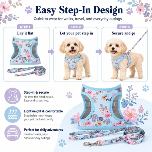 Miniatura 3 de Arnés para perro con correa, arnés reflectante para todo clima, sin tirones, con patrón floral, acolchado, malla para gatos, cachorros, perros