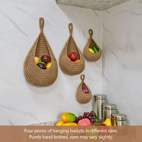 Miniatura 5 de Paquete de 4 cestas colgantes de frutas para cocina, cesta bohemia para colgar en la pared con 8 ganchos fuertes, cesta colgante 100% tejida a mano