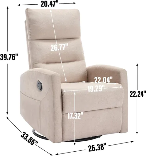 Miniatura 9 de PELUMY Silla reclinable manual, giratoria de 360° y sillón reclinable balancín con reclinable de 155°, sillón reclinable de tela compacta para Beige