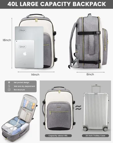 Miniatura 3 de LOVEVOOK Mochila de Viaje Grande para Mujeres Equipaje de Mano Mochila Bolsas de Artículos Personales Esenciales, Mochilas de viaje Gris-beige-negro