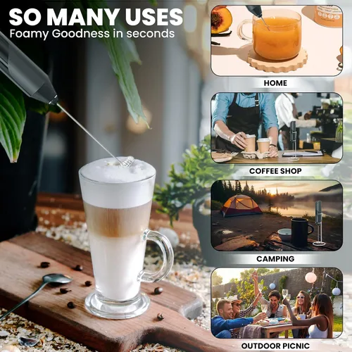 Miniatura 3 de Varita espumadora de leche con soporte, espumador de leche de mano, funciona con pilas, espumador eléctrico de café, mezclador de bebidas, espumador