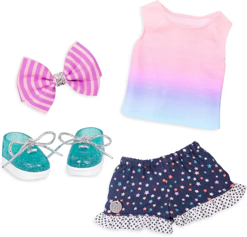 Glitter Girls – Ropa para muñeca de 14 pulgadas – Conjunto de 4 piezas con temática estrella – Top colorido y pantalones cortos de lunares – Zapatos