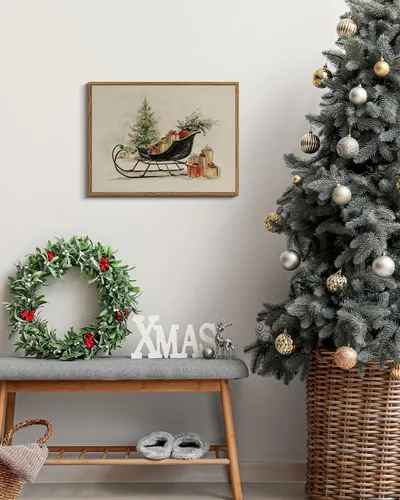 Miniatura 2 de Arte de pared con trineo, árbol navideño y cajas de regalo, 12 x 16 pulgadas, lienzo enmarcado de Navidad, cuadro rústico festivo, obra de arte