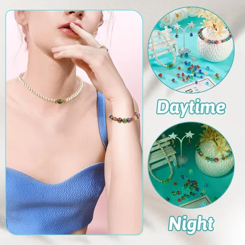 Miniatura 5 de Craftdady 96 cuentas de cristal redondas con arena dorada, 24 estilos hechos a mano que brillan en la oscuridad, cuentas espaciadoras sueltas