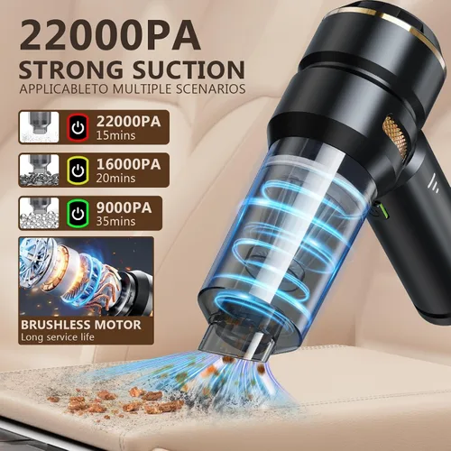 Miniatura 2 de Aspiradora de mano inalámbrica para automóvil, succión fuerte de 22000 Pa con motor sin escobillas, filtro HEPA, filtro de metal lavable adicional