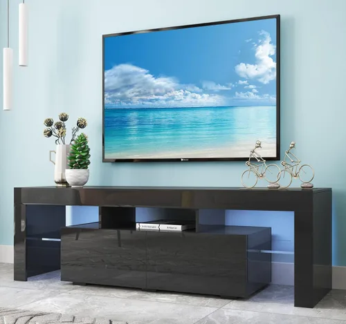 Soporte de TV, moderno soporte de TV con tira LED y tomas de corriente, soporte de TV LED para TV de 45, 50, 55, 60, 65, 70 pulgadas, centro de