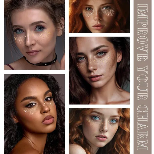 Miniatura 4 de Pecas con purpurina para tatuajes faciales, 6 hojas de parches de maquillaje facial con estrellas doradas y plateadas, pecas falsas lindas