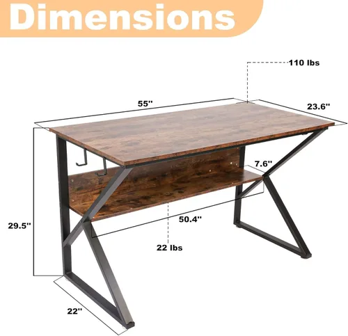 Miniatura 3 de Escritorio de computadora, escritorio de oficina, mesa de PC de 47 pulgadas, grano de madera rústica industrial con estante de almacenamiento con 4