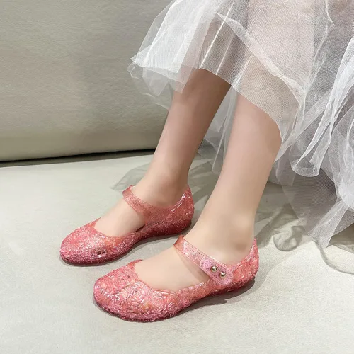 Miniatura 2 de OMGard Zapatos de gelatina para niñas, sandalias de cumpleaños de princesa de reina de la nieve para niñas pequeñas, sandalias azules con purpurina