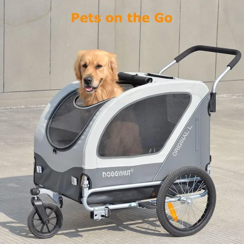 Miniatura 7 de Doggyhut Remolque y cochecito de bicicleta para mascotas grandes originales 2 en 1, para perros de hasta 78 libras, frenos de estacionamiento, marco