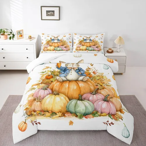 Miniatura 37 de Juego de edredón de calabaza para niños, con estampado de calabaza, estilo Halloween, juego de ropa de cama para niños, juego de ropa de cama