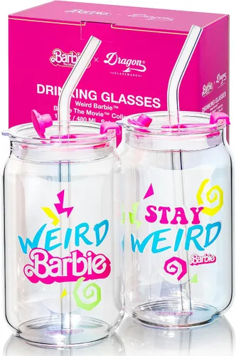 Miniatura 13 de Dragon Glassware x Barbie La Película - 16 oz Tazas de vidrio con tapas y popotes, Juego de 2 - Tazas de café helado con tapas - Vaso de vidrio