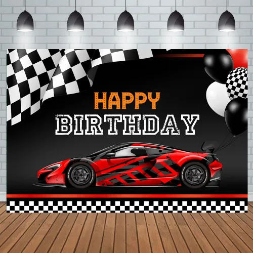 Telón de fondo de feliz cumpleaños para fotografía de coche de carreras de 5 x 3 pies, color rojo fresco, fondo de fotos de coche, banderas, fondos,