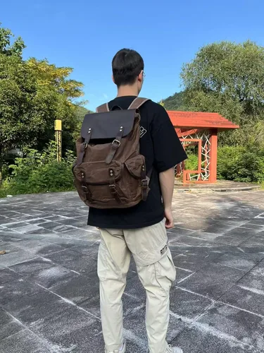 Miniatura 6 de Cuero genuino lona encerada mochila viaje mochila portátil bolsa Gris