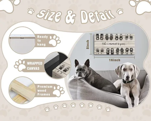 Miniatura 6 de ARTINME Letrero para Amantes de Perros, Letrero "Take A Moment to Paws" con Estampado de Pata de Mascota, Arte de Huellas en Lienzo, Arte de Pared