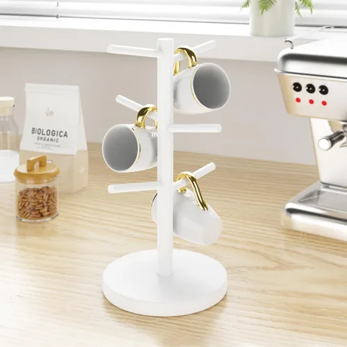 Miniatura 10 de Wisuce Soporte de bambú para tazas, base más gruesa, soporte para taza de café para mostrador, estante para tazas con 6 ganchos Base negra