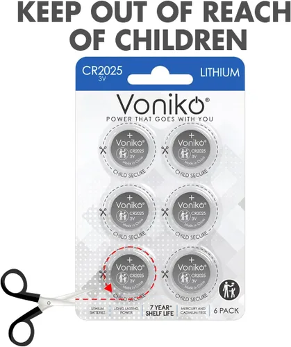 Miniatura 4 de Voniko Pilas de litio CR2025 de 3 V para seguridad infantil, compatibles con controles remotos, llaveros, relojes, calculadoras, 7 años de vida útil