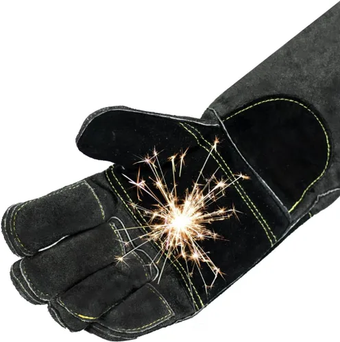 Miniatura 2 de Guantes de cuero para soldadura/barbacoa, 16 pulgadas, negro-gris, resistentes al calor/fuego, guantes
