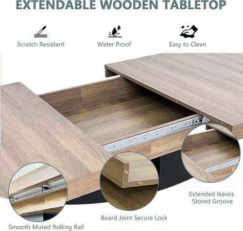 Miniatura 5 de Juego de mesa de comedor extensible de 5 piezas con 4 sillas de tela, mesa extensible marrón con base negra, juego moderno de comedor de madera