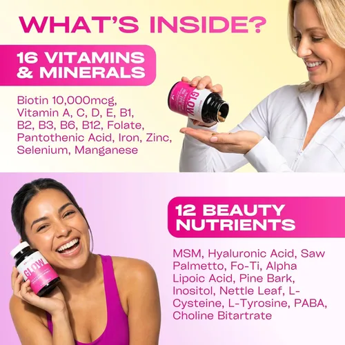 Miniatura 5 de GOBIOTIX Vitaminas para el cabello, la piel y las uñas para mujeres, 10,000 mcg de biotina, ácido hialurónico y MSM, 28 vitaminas con folato