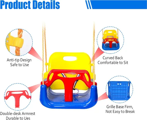 Miniatura 6 de IFOYO Asiento de columpio convertible 3 en 1 para niños con respaldo alto desmontable, columpio seguro para interiores y exteriores para niños